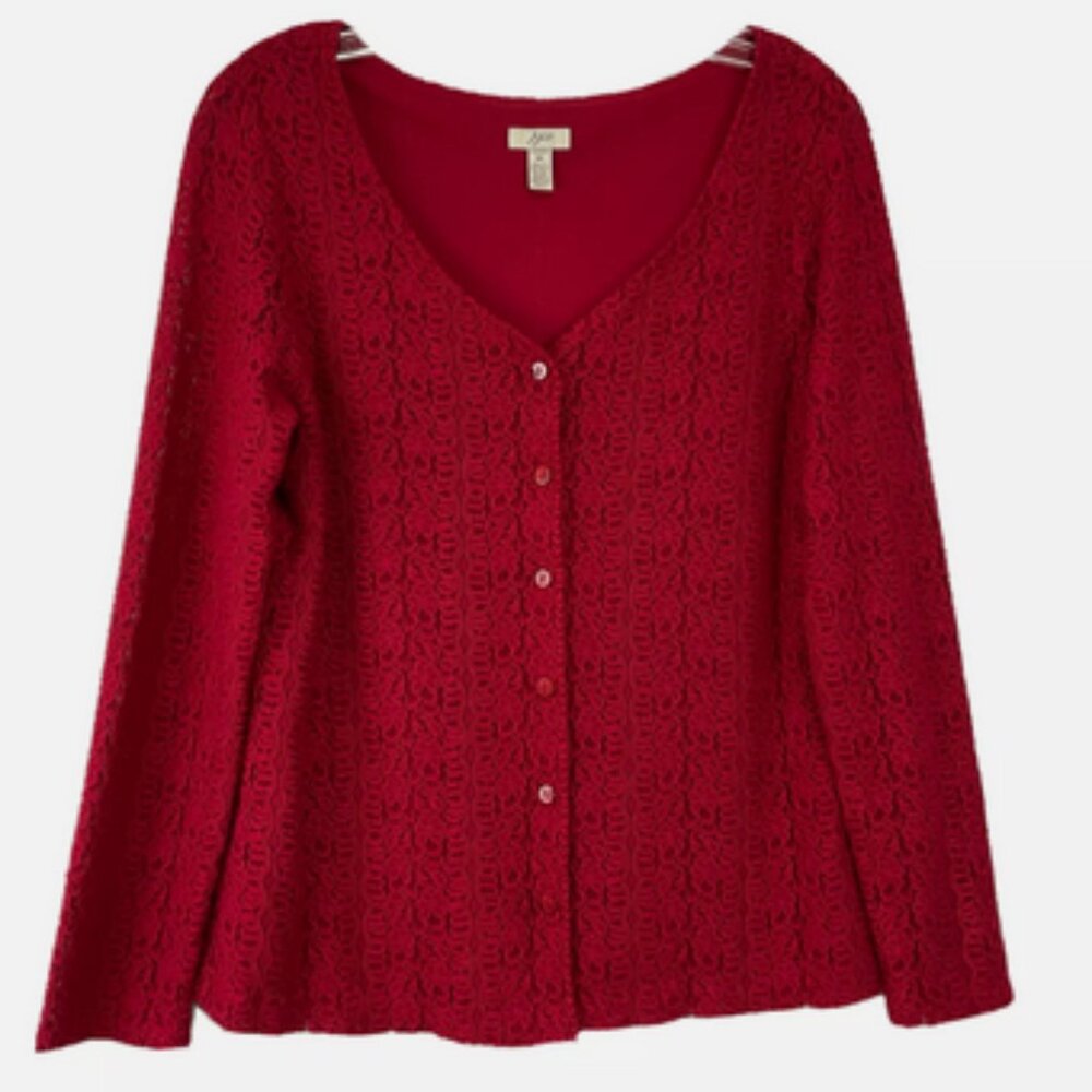 NWT J. Jill Beautiful Cranberry Red Lace V-Neck Button Down Blouse, sz Medium